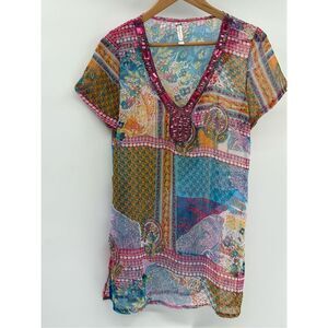Free People Tunic Top Women‎ Medium Sheer Embellished Sheer Coverup Pink Blue
